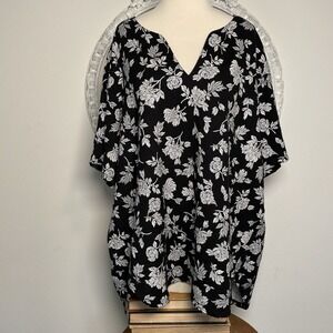 Lands End Women's Top Short Sleeve V Neck Black White Floral Stretch 3X 24W 26W